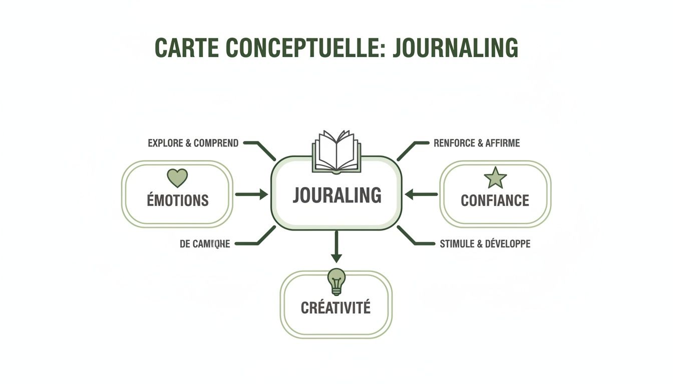 Carte conceptuelle sur le journal intime montrant ses bienfaits pour les émotions, la confiance et la créativité.