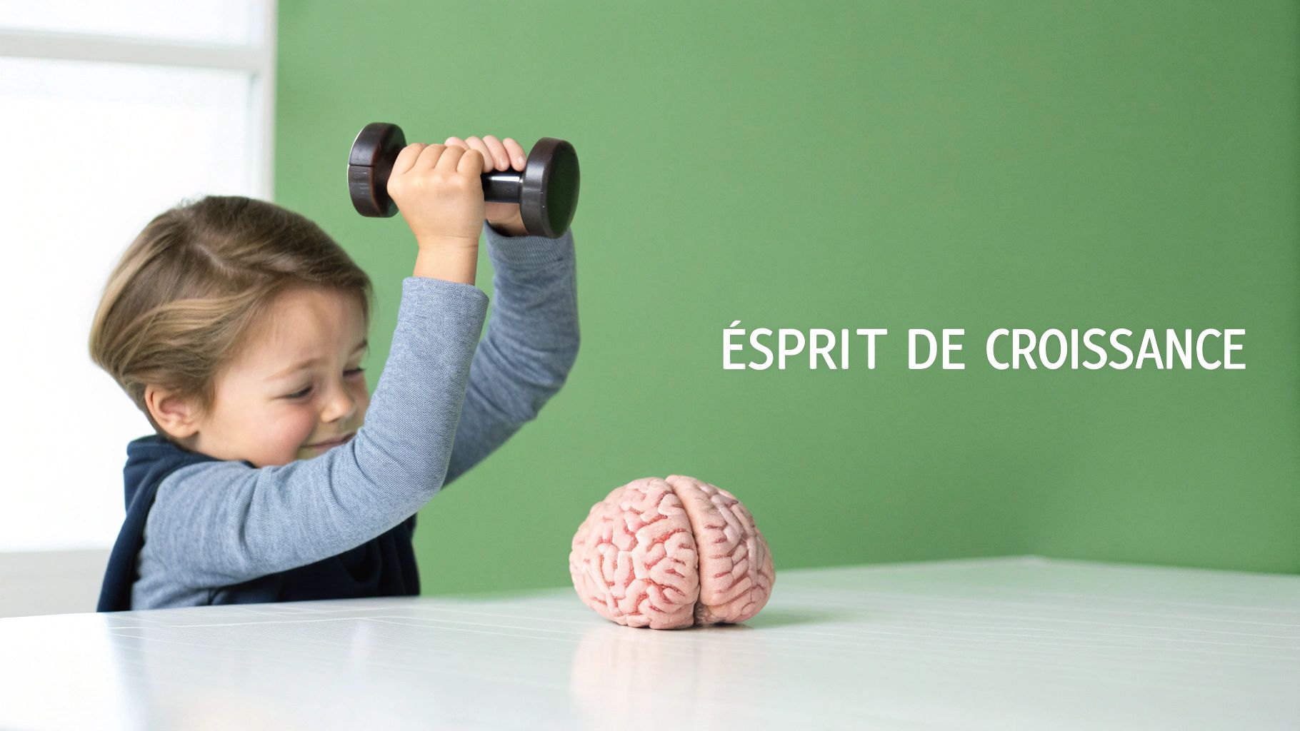 Jeune enfant souriant levant un haltère au-dessus d'un cerveau symbolisant l'esprit de croissance