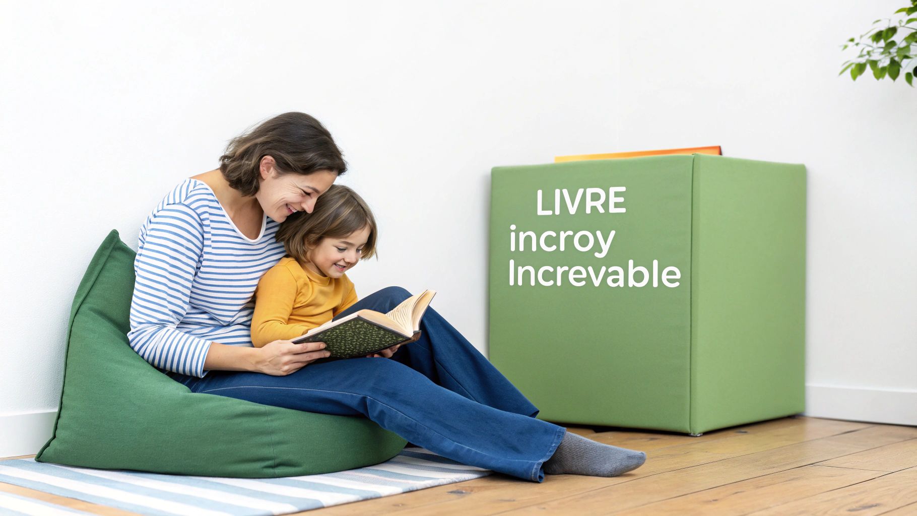 Un enfant lit un livre avec un grand sourire, illustrant le plaisir de la découverte et l'épanouissement personnel.