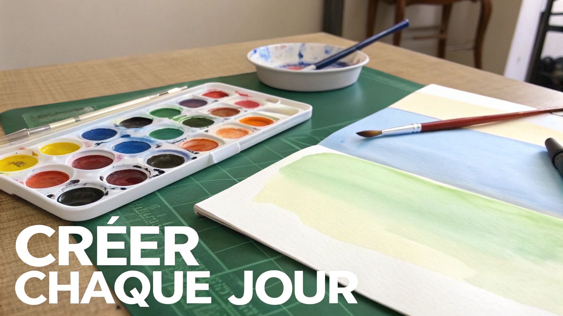 Watercolor palette with brushes and paper on the table, ready for a creative painting session