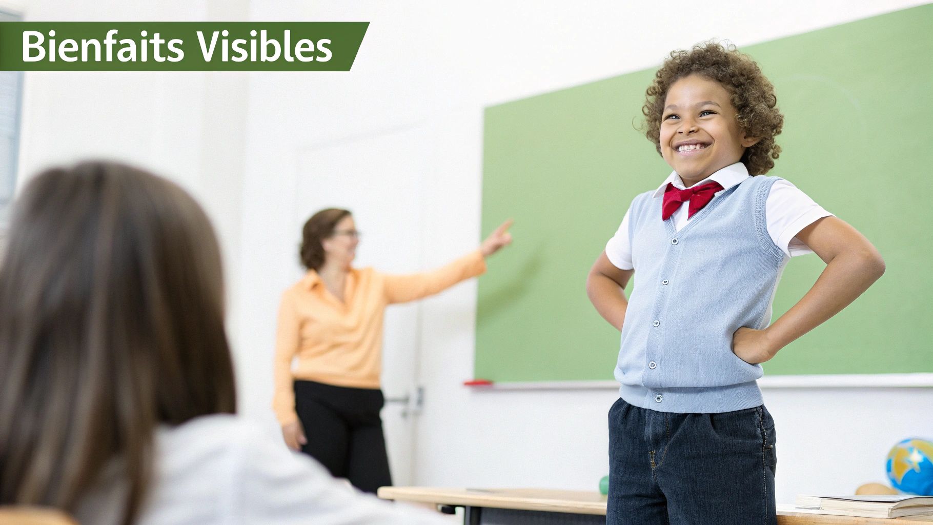 Un jeune garçon souriant et confiant avec un nœud papillon en classe, devant un tableau vert. L'enseignante pointe le tableau.