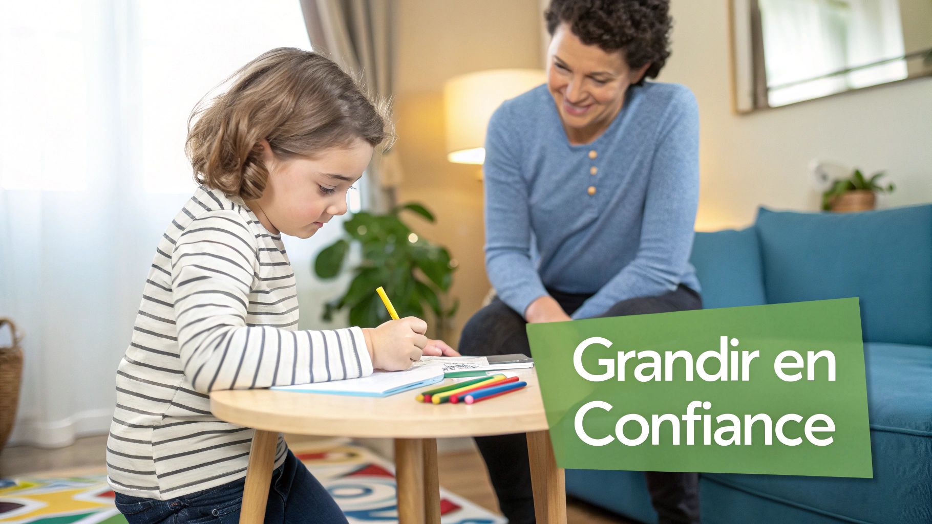 Une jeune fille dessine avec des crayons de couleur, supervisée par une adulte souriante, symbolisant la confiance.