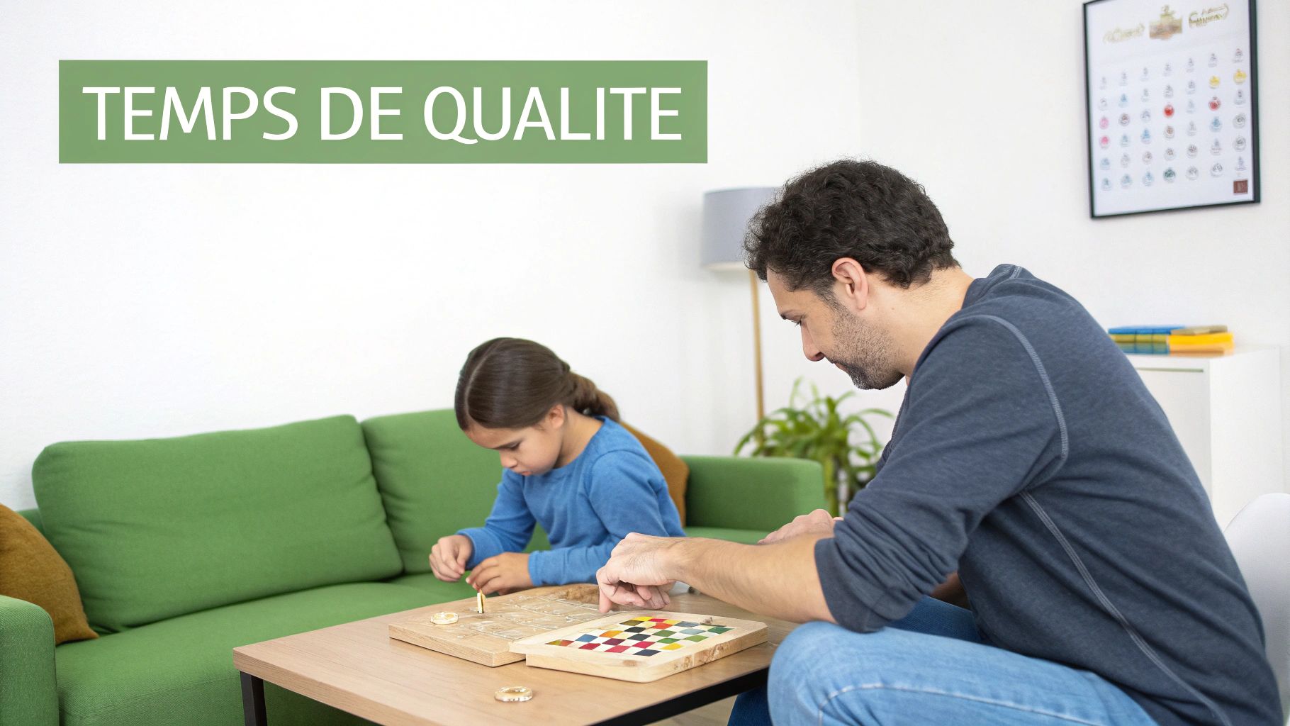 Un père et sa fille jouent à des jeux de société sur une table basse, avec le texte "TEMPS DE QUALITE".