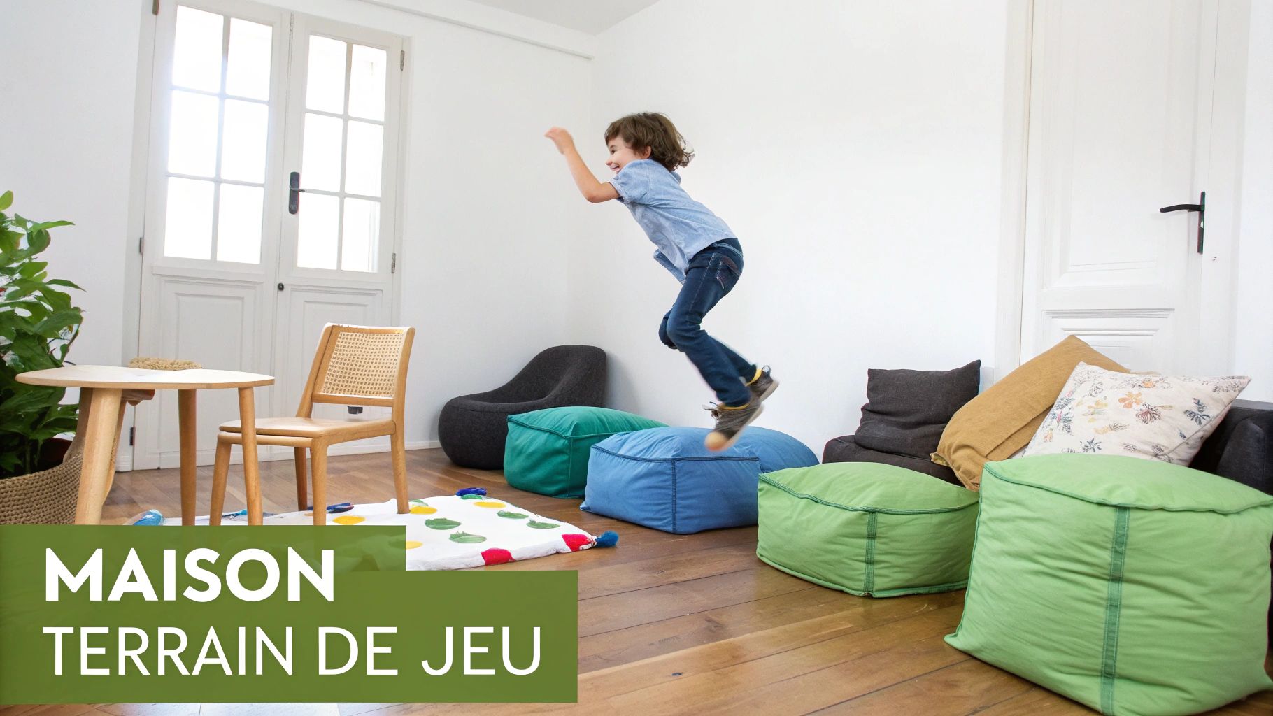 A joyful child jumps on colorful beanbag chairs in a bright bedroom, creating a dynamic play space.