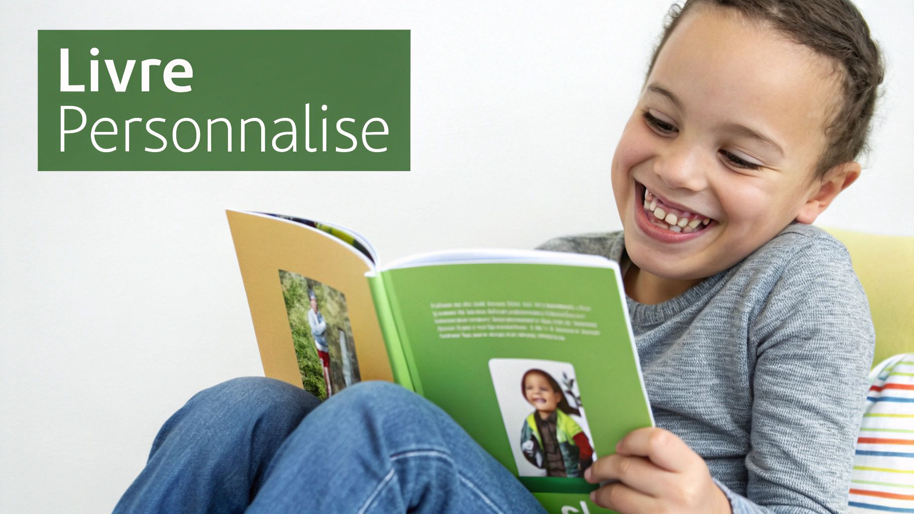 Une petite fille rit joyeusement en lisant un livre personnalisé avec des photos d'enfants.