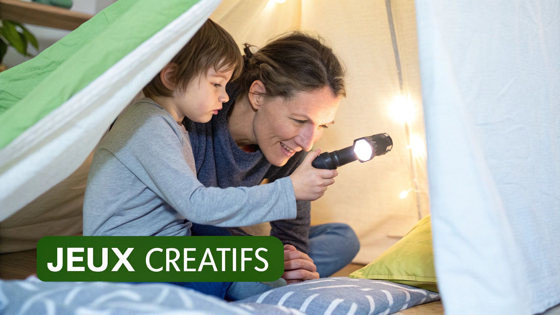 Mère et enfant jouant ensemble sous une tente intérieure avec une lampe torche, activités créatives