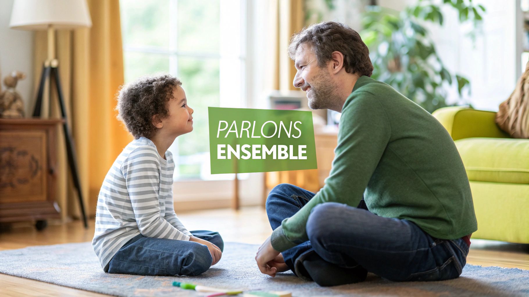 Un parent et son enfant discutent assis sur un canapé, dans une ambiance chaleureuse.