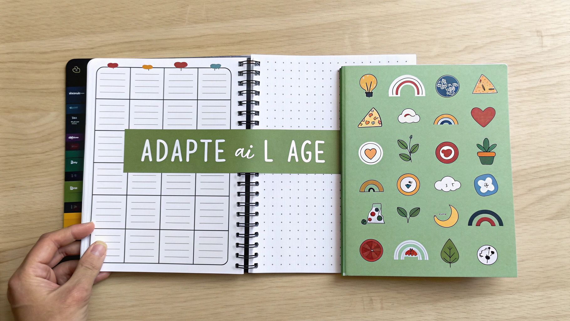 Une main tient un agenda ouvert avec un calendrier et une bande verte "ADAPTE ai L AGE", à côté d'un carnet de stickers.