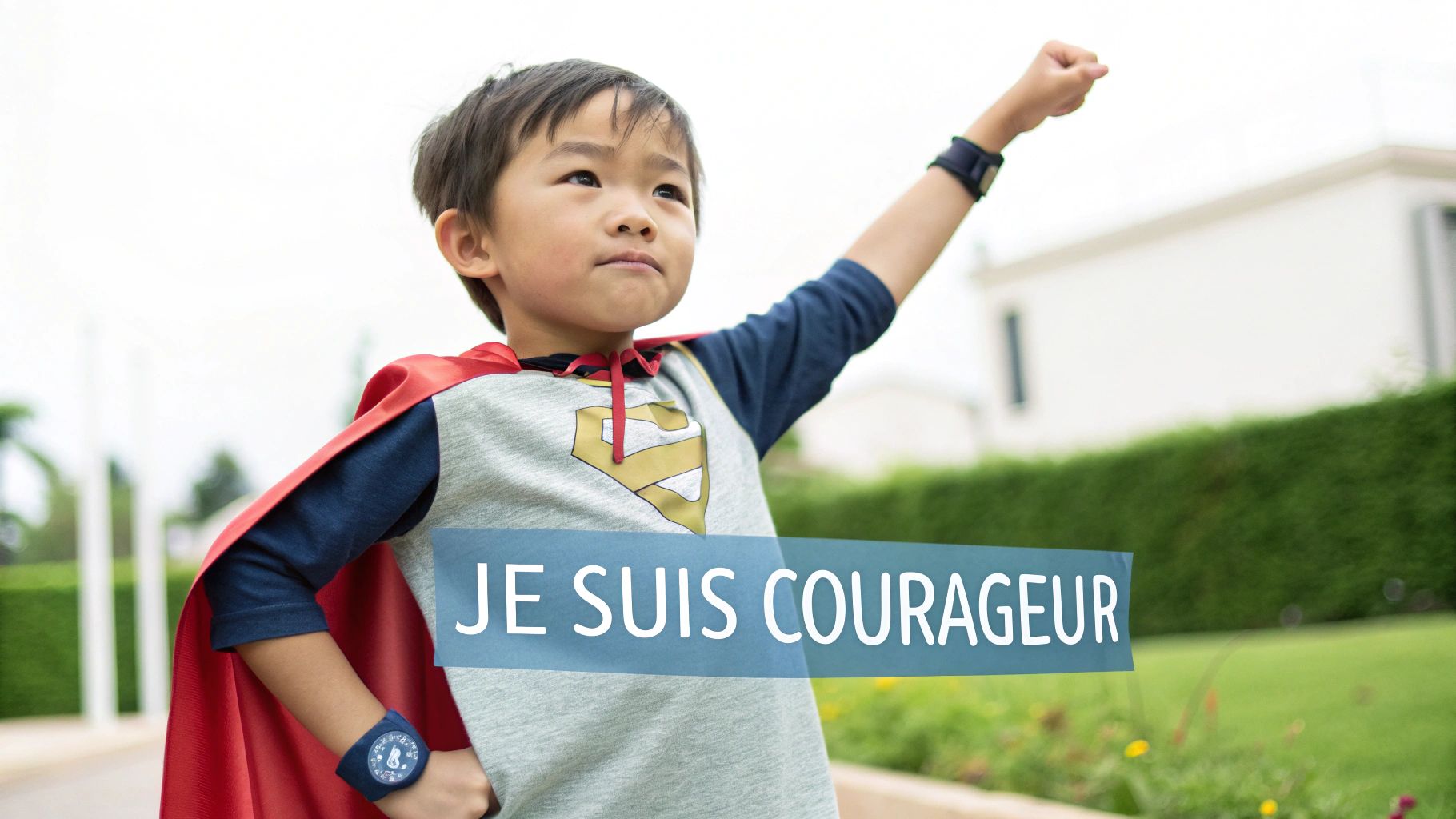 Un jeune garçon asiatique déguisé en super-héros, cape rouge et logo, lève le poing, avec le texte 'JE SUIS COURAGEUR'.