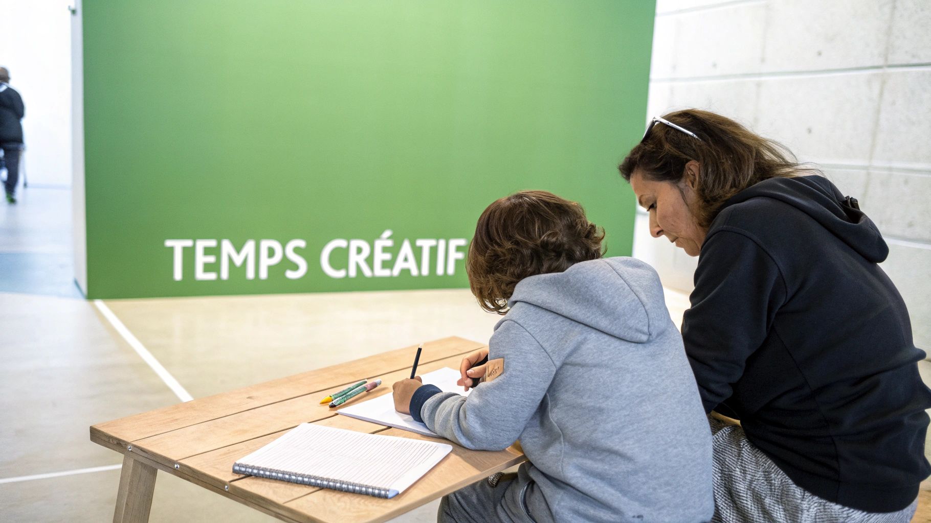 Une mère et son enfant dessinent ensemble dans des carnets à pages blanches