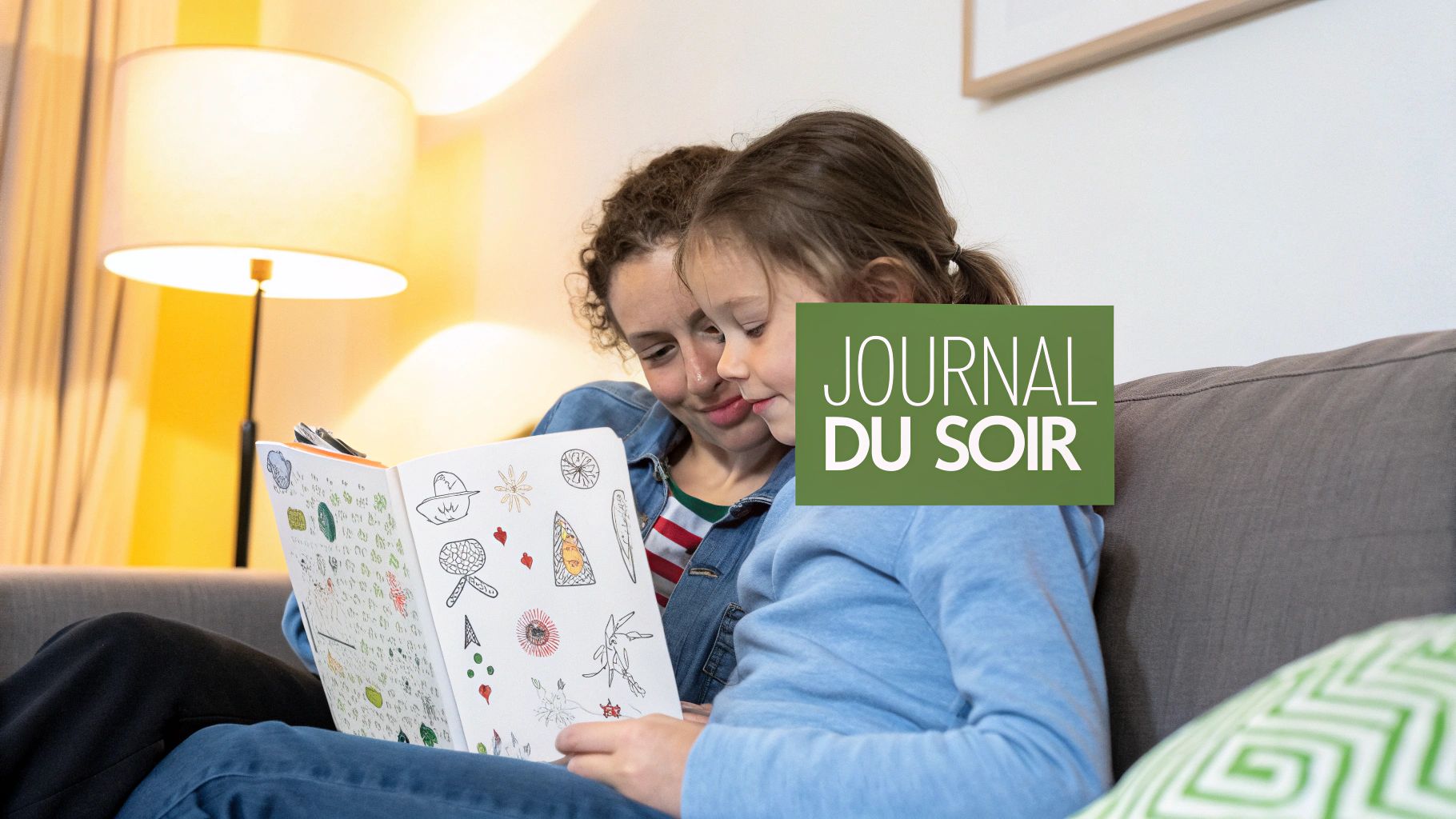 Une mère et sa fille partagent un moment complice en écrivant dans un journal, confortablement installées dans un canapé.