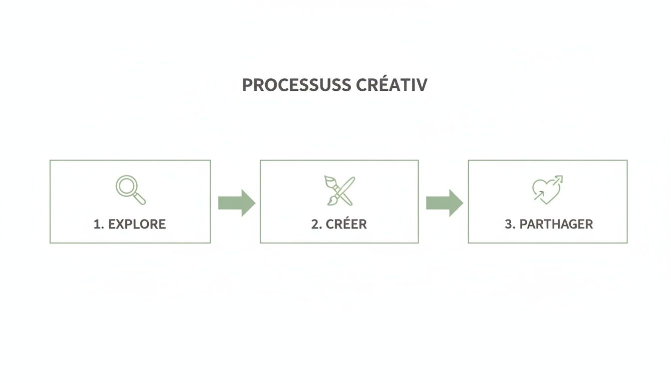 Diagramme du processus créatif en trois étapes : explorer, créer et partager, illustré par des icônes thématiques.