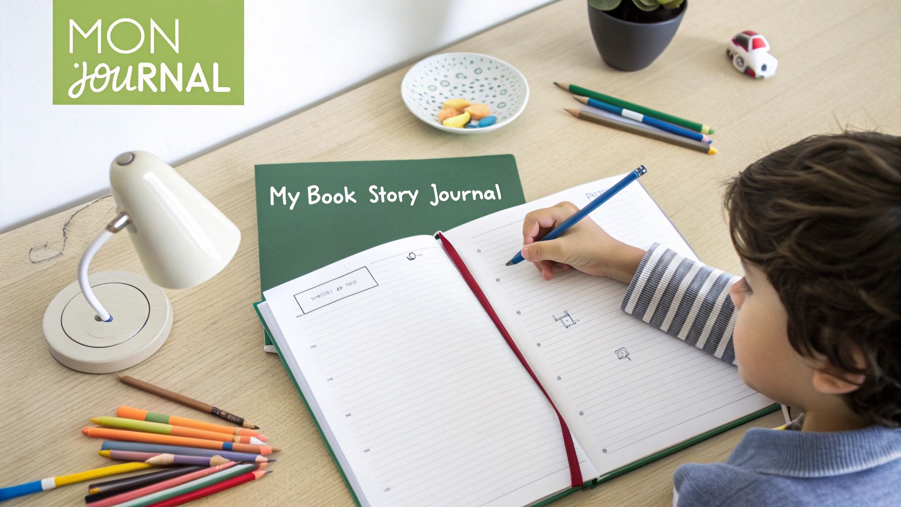 Un enfant écrit dans son journal My Book Story, entouré d'objets inspirants.