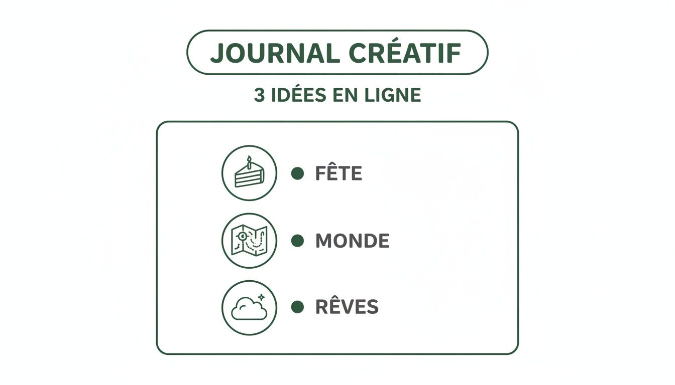 Image showing a creative journal with three online ideas: party, world and dreams, illustrated by icons.