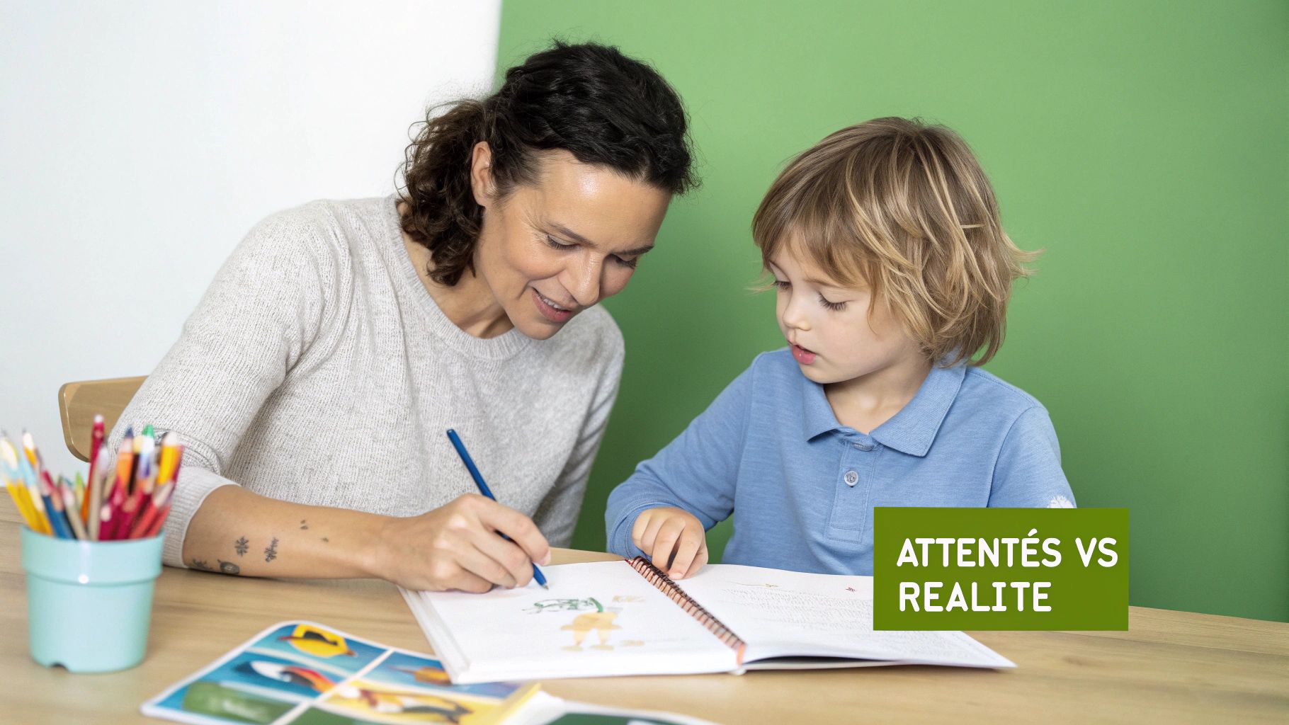 Un enfant écrit et dessine dans un journal, illustrant l'activité créative.