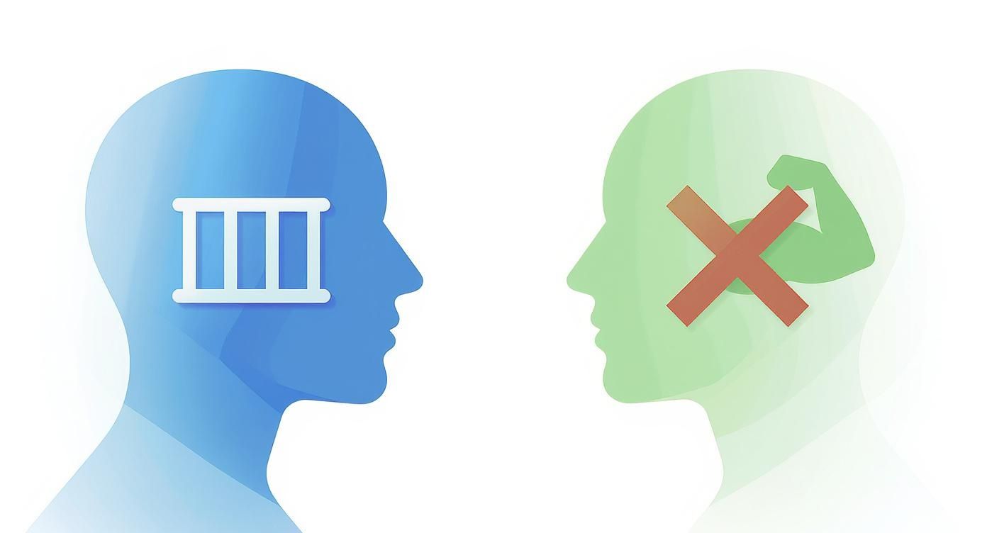 Deux profils de tête illustrant le contraste entre mentalité fixe et mentalité de croissance