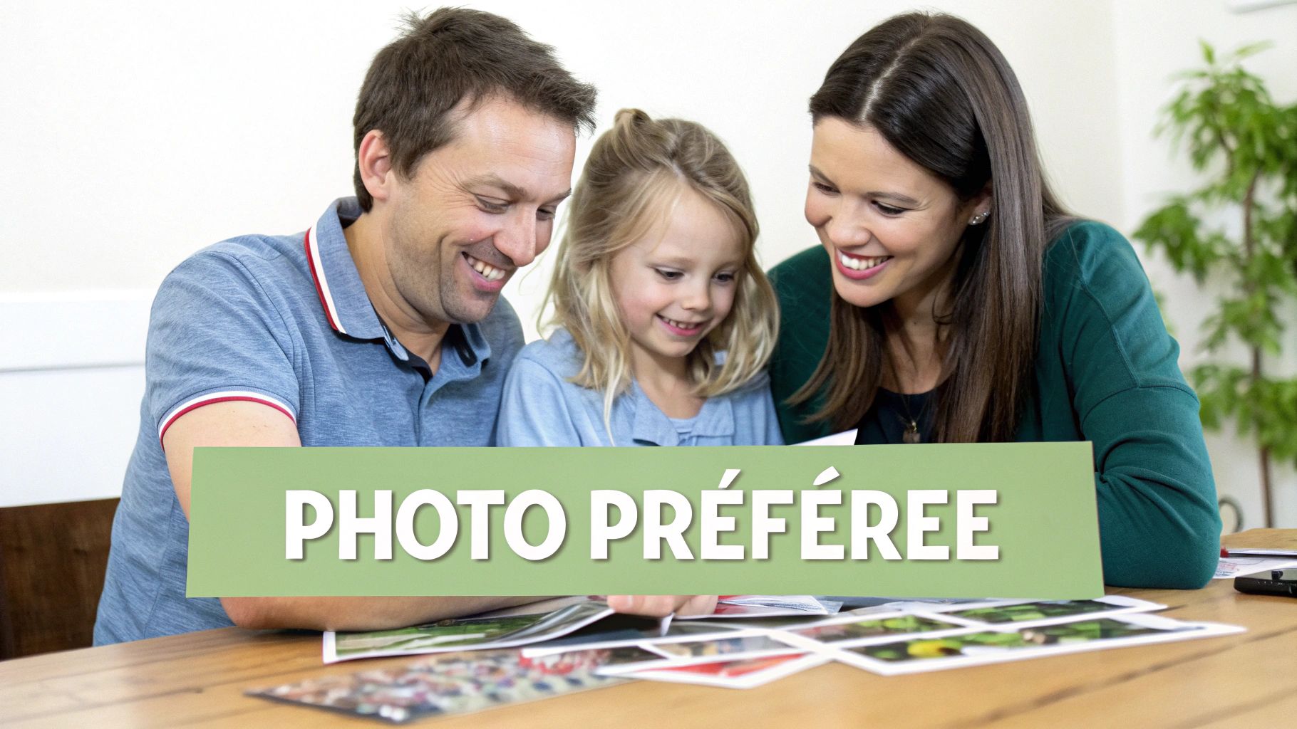 Une famille joyeuse regarde des photos imprimées, assise ensemble sur un canapé.