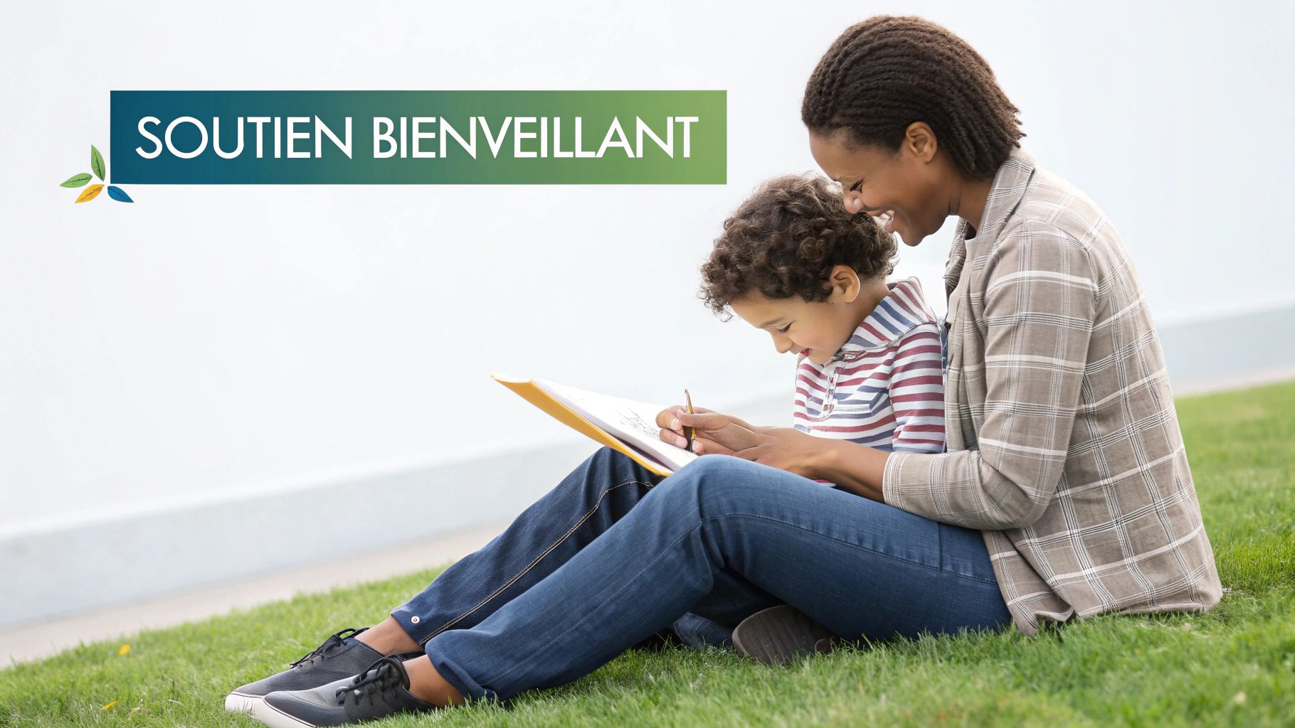 Une mère et son fils partageant un moment créatif avec un carnet.