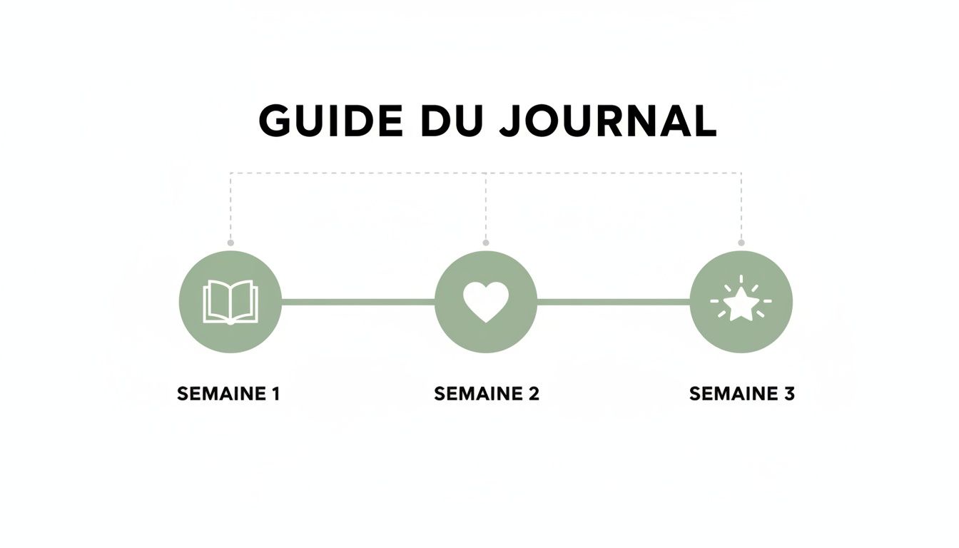 Guide visuel du journal en trois étapes : lecture, amour et succès pour chaque semaine.