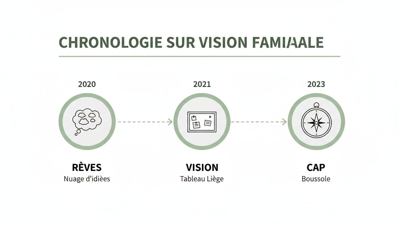 Infographie montrant une chronologie de vision familiale: Rêves (2020), Vision (2021) et Cap (2023) avec leurs icônes respectives.