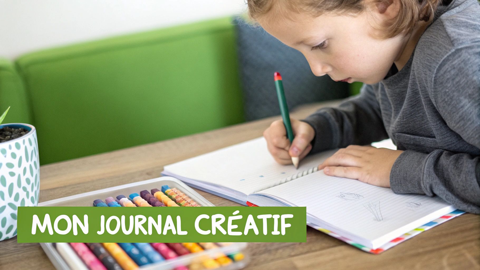 Un enfant écrit ou dessine dans un carnet avec un crayon, à côté d'une boîte de crayons, sur une table en bois.