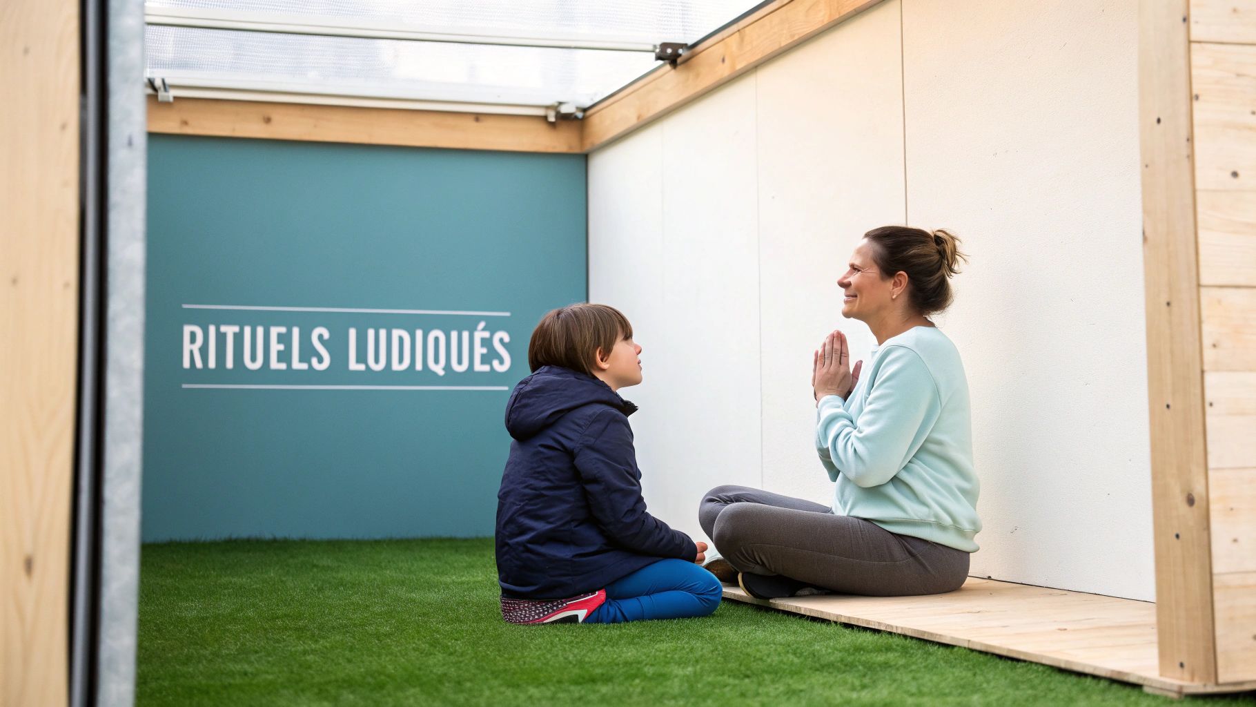 Mère et enfant pratiquant la méditation ensemble dans un espace de rituels ludiques avec pelouse artificielle