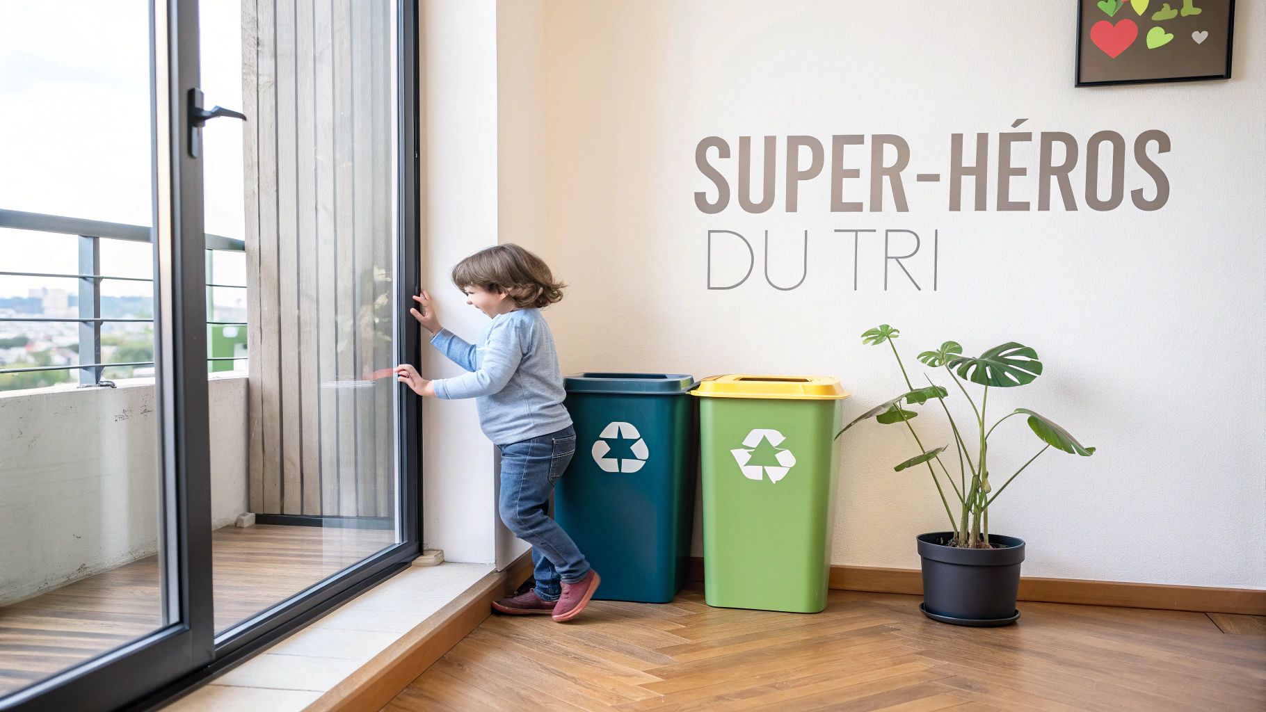 Une famille triant joyeusement des déchets recyclables dans des bacs colorés dans leur cuisine.