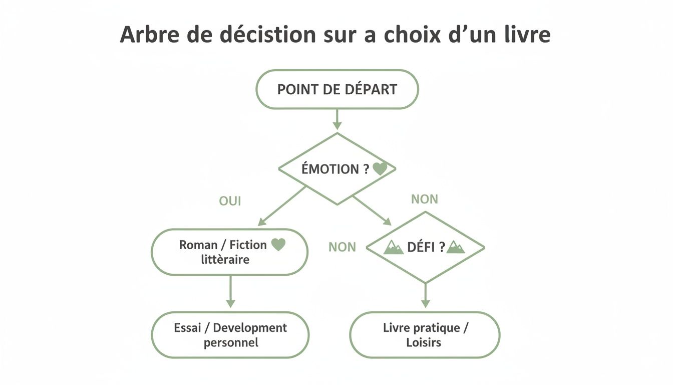 Arbre de décision pour choisir un livre selon l'émotion ou le défi recherché, guidant vers la fiction, le développement personnel ou les loisirs.