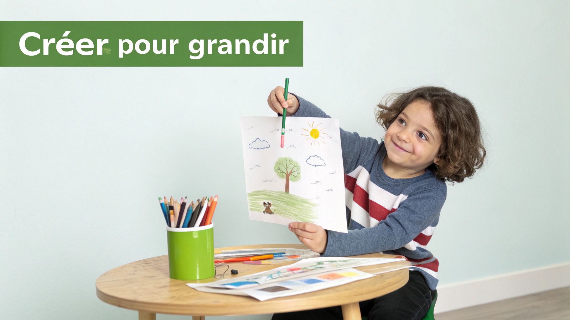 Un enfant dessine avec concentration, entouré de crayons de couleur.