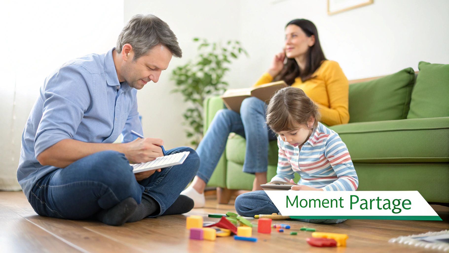 Une famille passe un moment de partage à la maison : le père et l'enfant sont au sol, la mère lit sur le canapé.