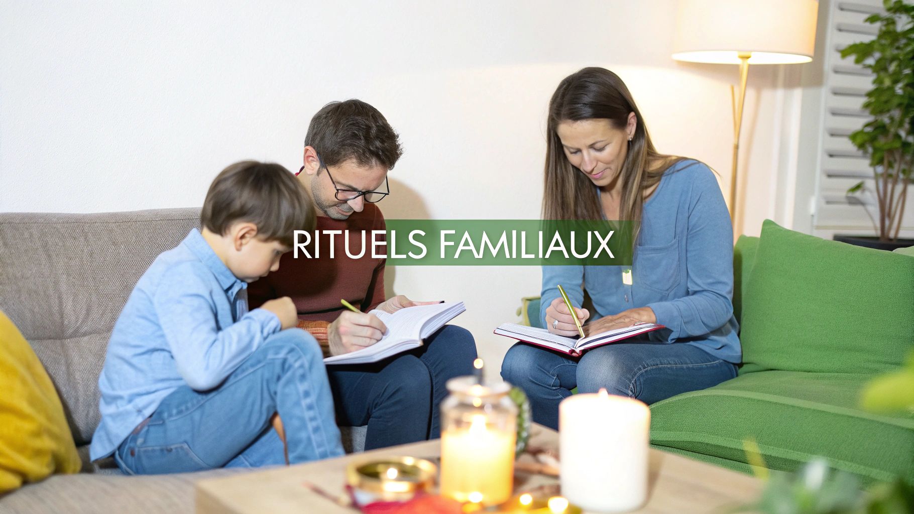 Une famille (père, mère et enfant) écrit dans des carnets, créant des rituels ensemble à la maison.
