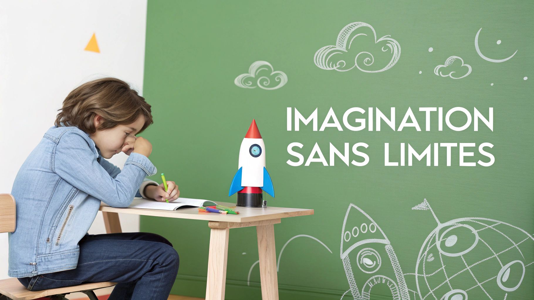 Un jeune garçon écrit à son bureau, avec une fusée-jouet et des dessins d'espace sur un tableau vert.