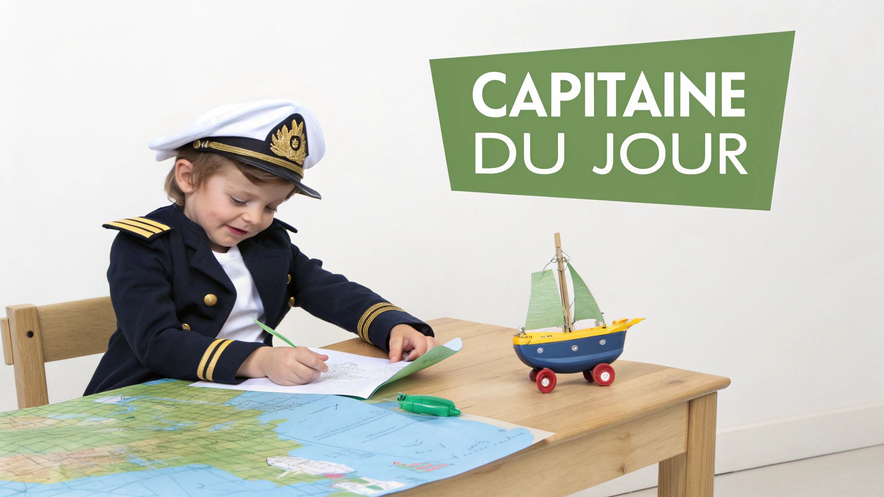 Un enfant dessine joyeusement dans un carnet ouvert sur une table en bois