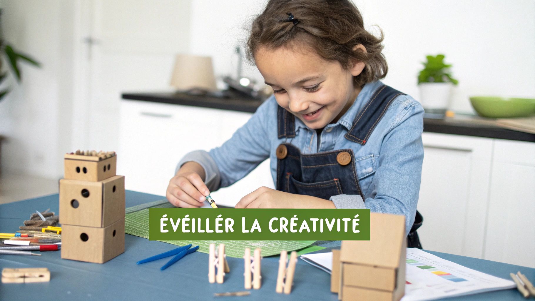 A smiling young girl creates works of art with cardboard boxes and supplies on a table.