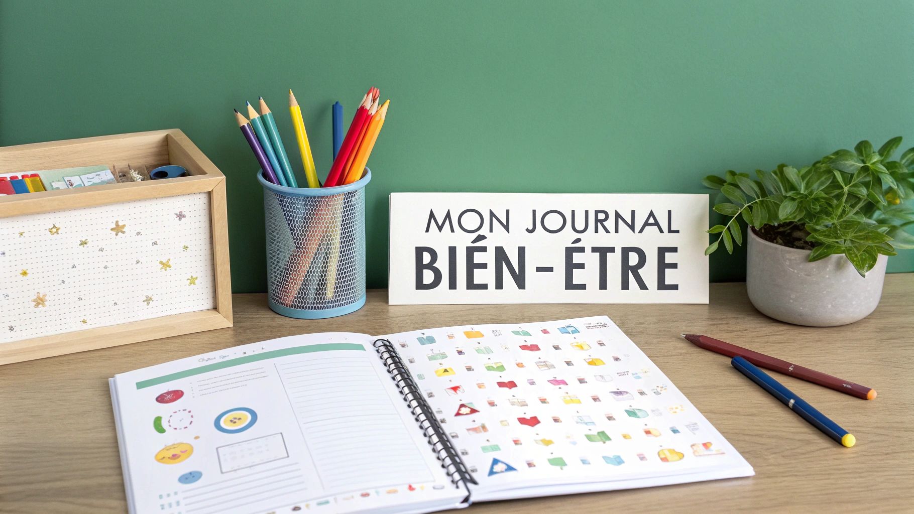 Un journal de bien-être ouvert avec des crayons colorés, une plante et une boîte en bois sur un bureau.