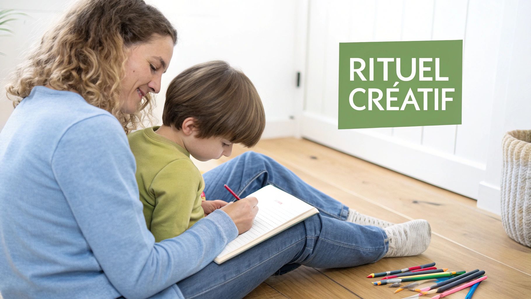 Mère et enfant partagent un moment créatif, dessinant ensemble sur le sol avec des fournitures d'art.