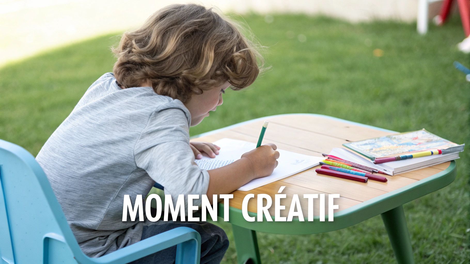 Un enfant est assis à une table en plein air, dessinant ou écrivant avec un crayon vert.