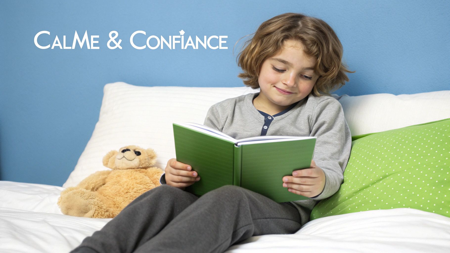 Un enfant sourit en tenant un carnet ouvert, assis sur un canapé confortable.