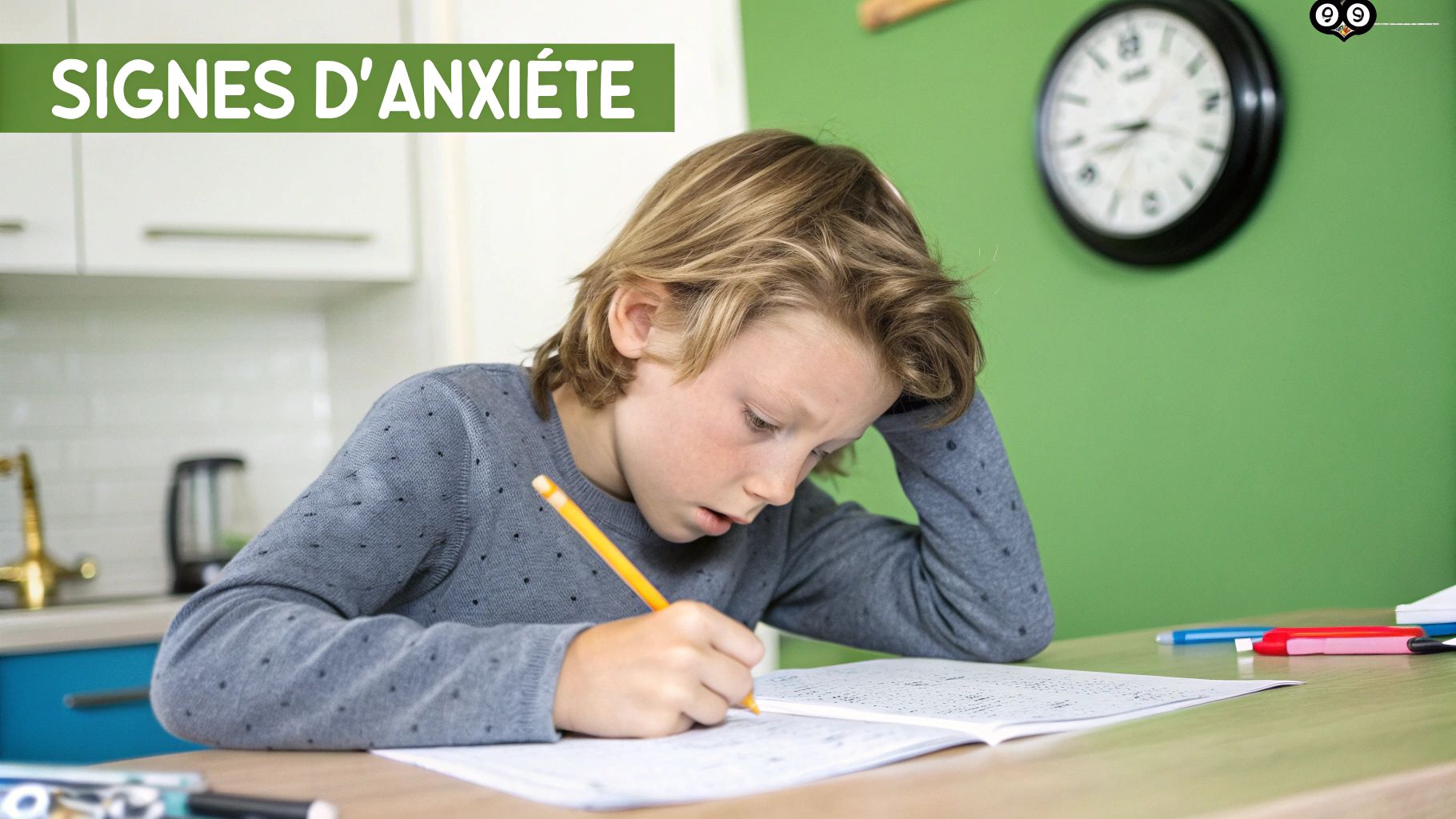 Photo d'un enfant en train d'écrire, l'air soucieux, avec l'inscription « SIGNES D'ANXIÉTÉ ».