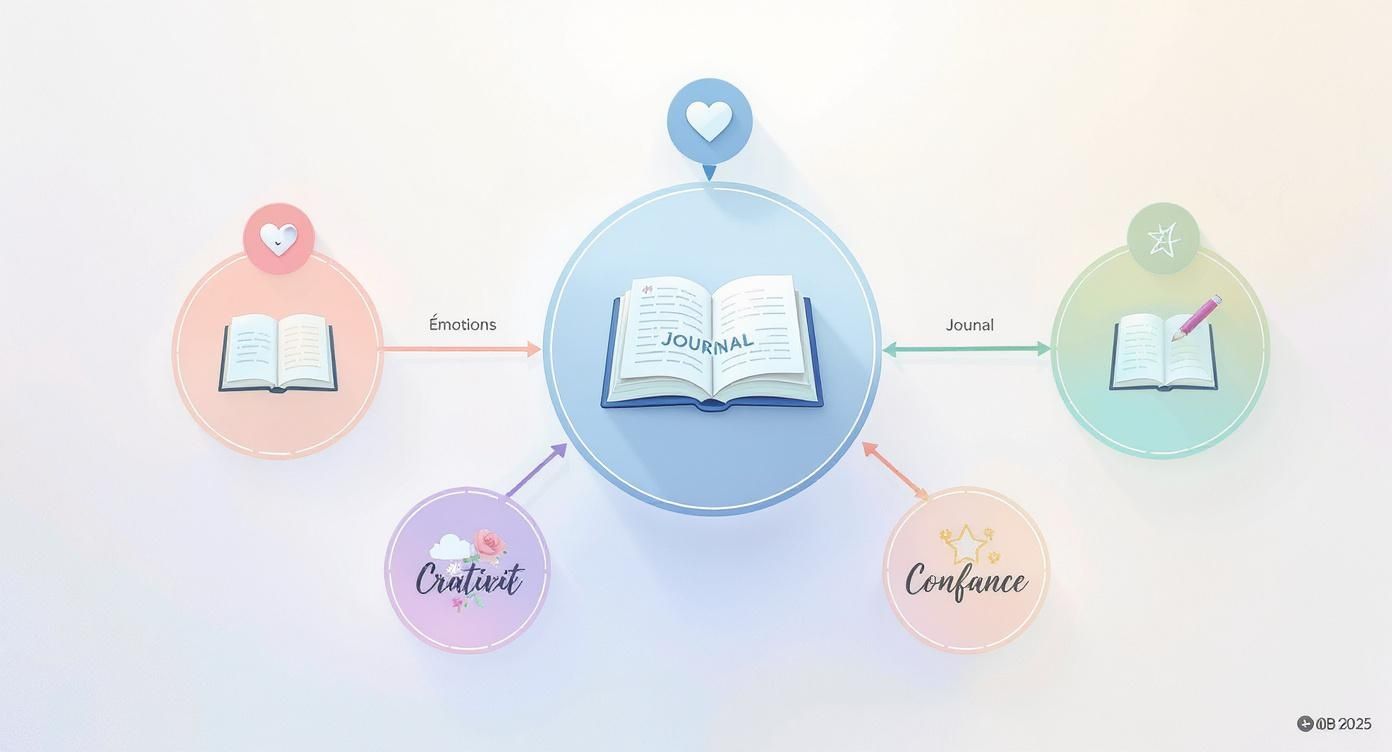 Diagramme illustrant un journal central et ses liens avec les émotions, la créativé et la confiance en soi.