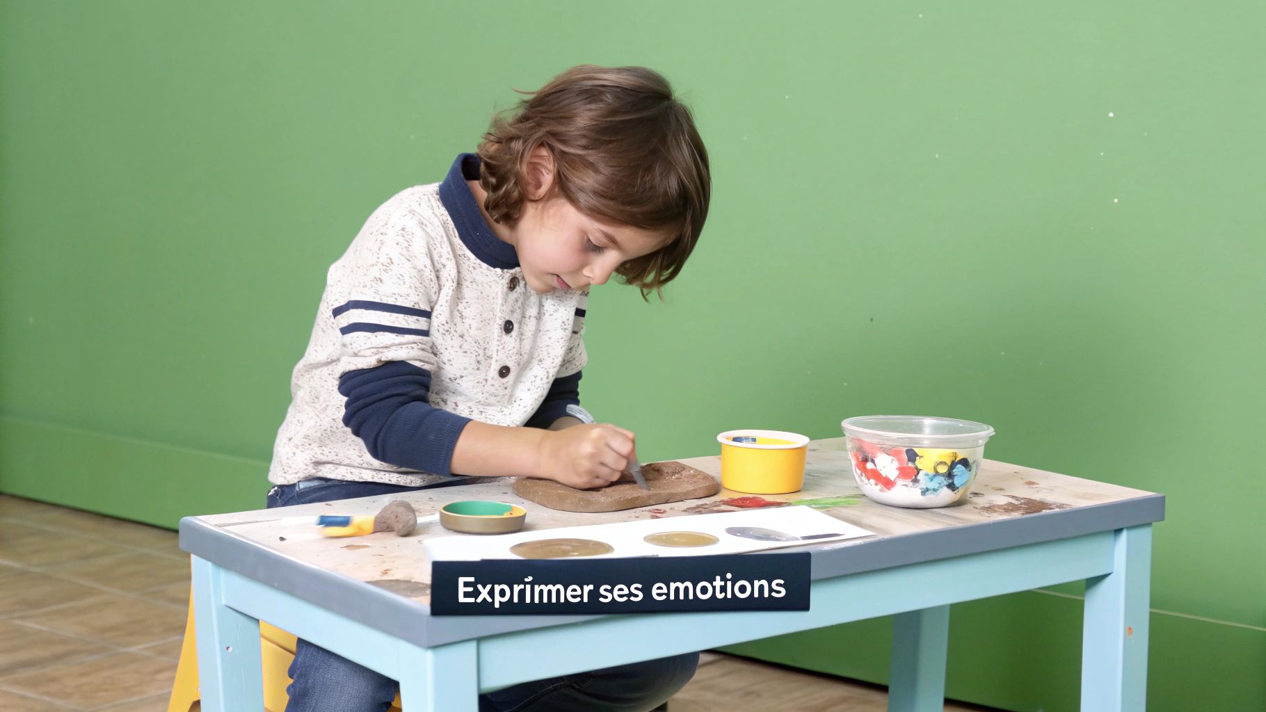 Un enfant dessine avec concentration, entouré de crayons de couleur et de feuilles de papier.