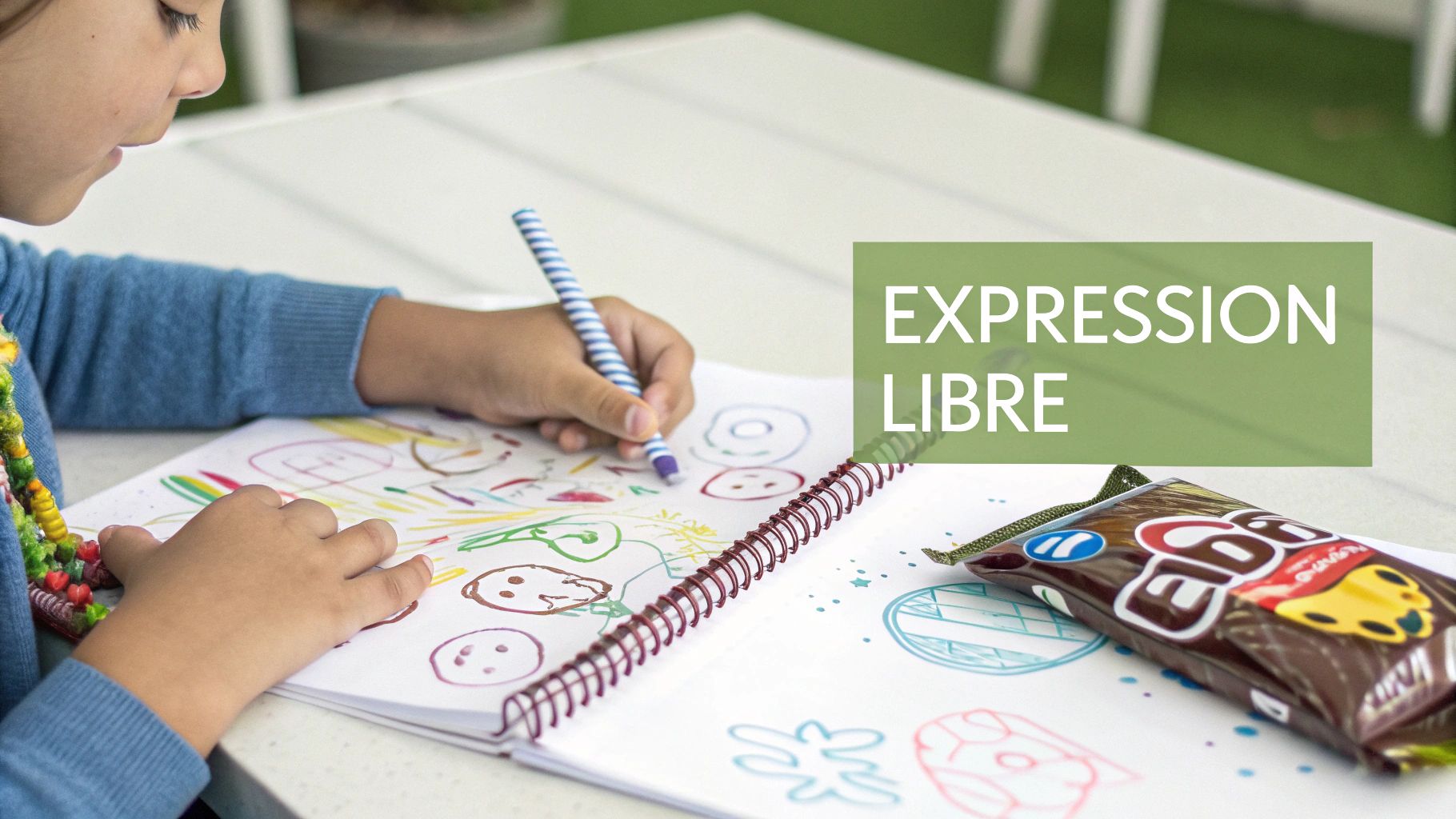 Un enfant utilisant joyeusement son journal créatif sur le sol