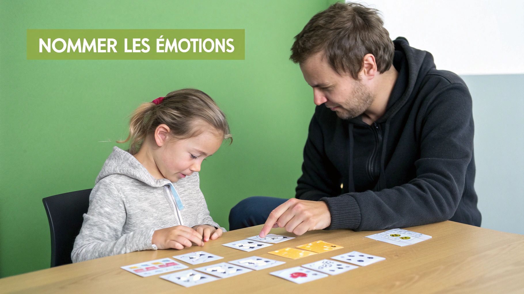 Un homme et une fille regardent des cartes de jeu sur une table, apprenant à nommer les émotions.