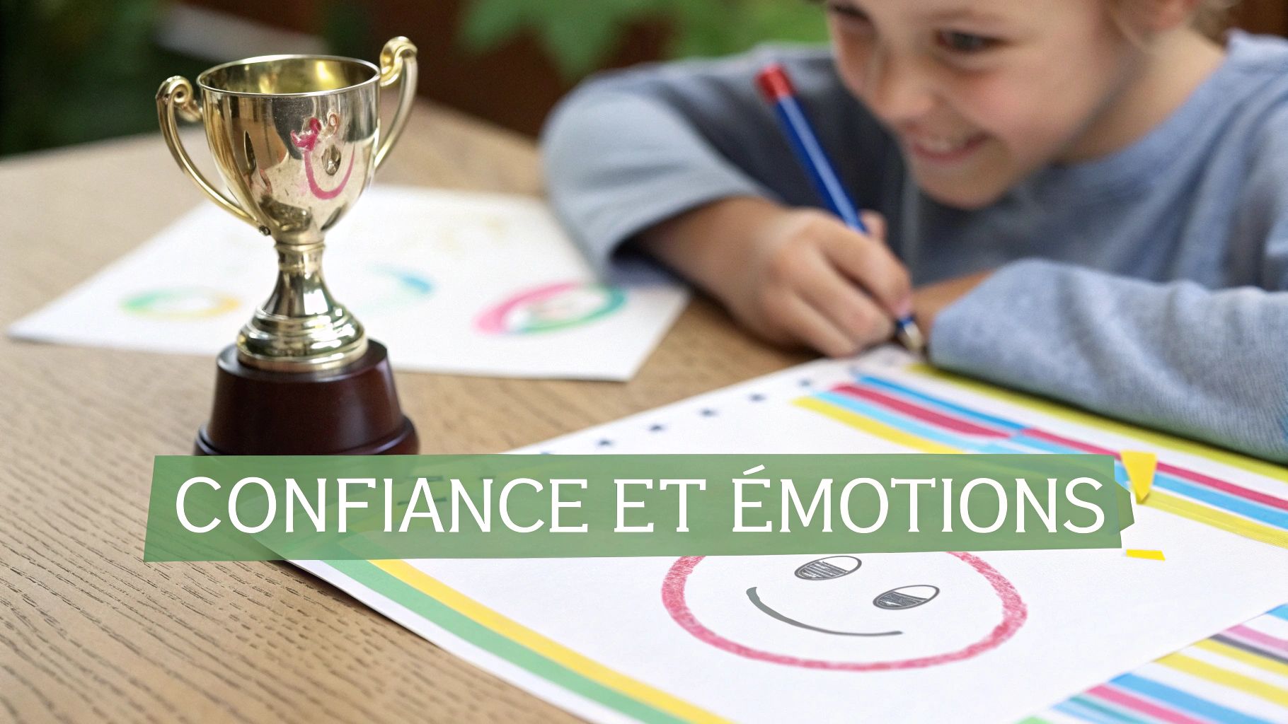 Un enfant fier montre son journal rempli de dessins et de notes colorées à son parent souriant