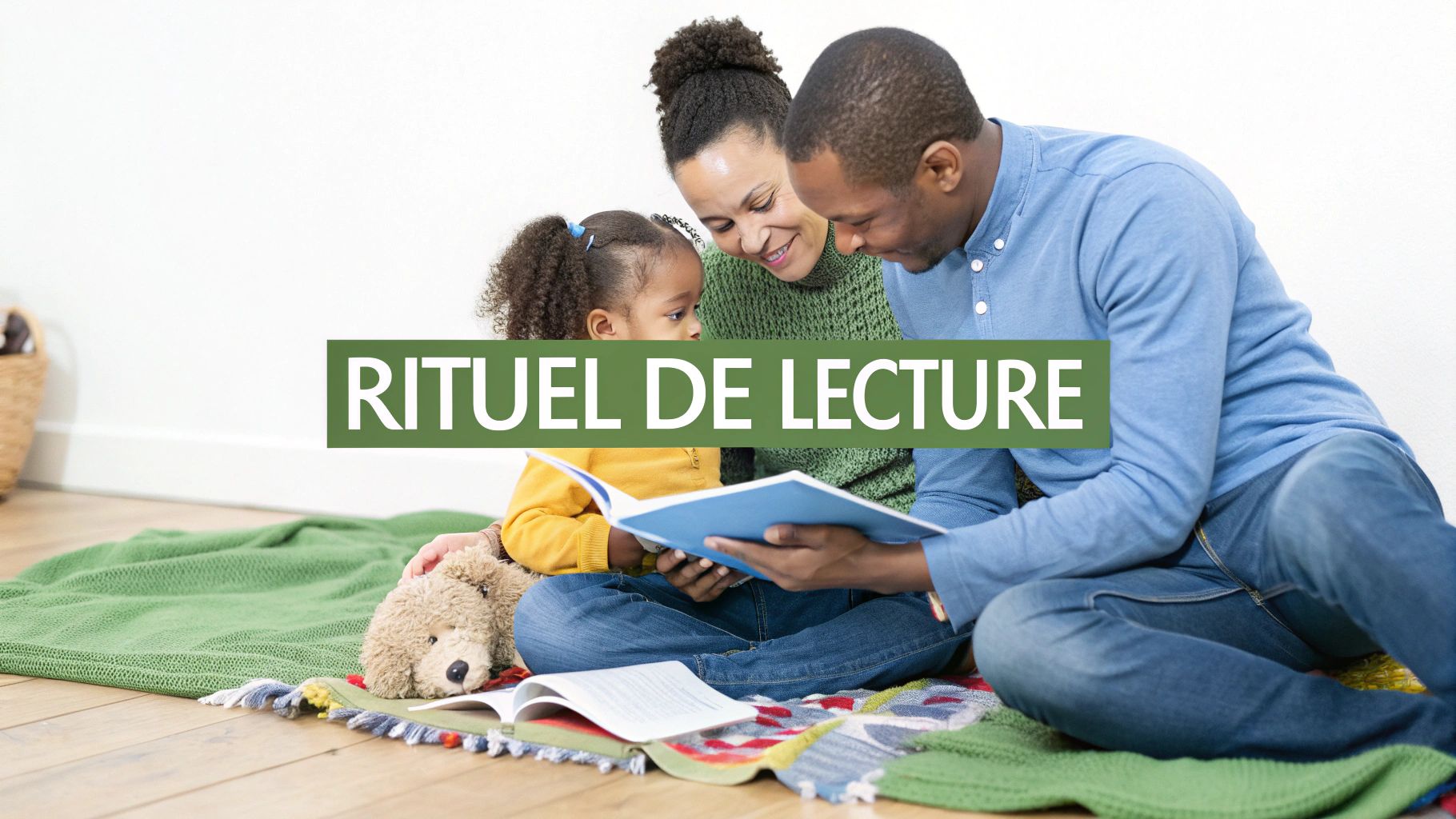 Une famille, composée d'un père, d'une mère et d'une enfant, lit un livre ensemble sur un tapis au sol.