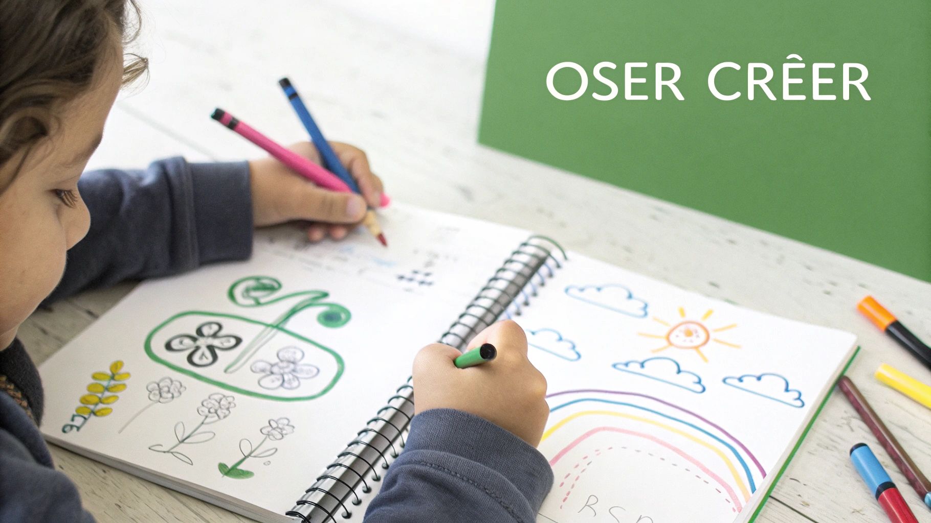 Un enfant souriant dessine avec des feutres, symbolisant la créativité sans pression.