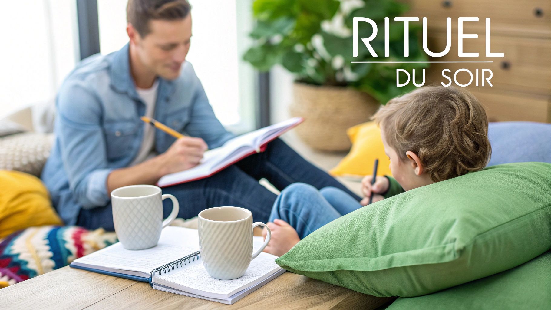 Un père et son enfant partagent un moment de dessin ou d'écriture au sol, deux tasses sur la table.