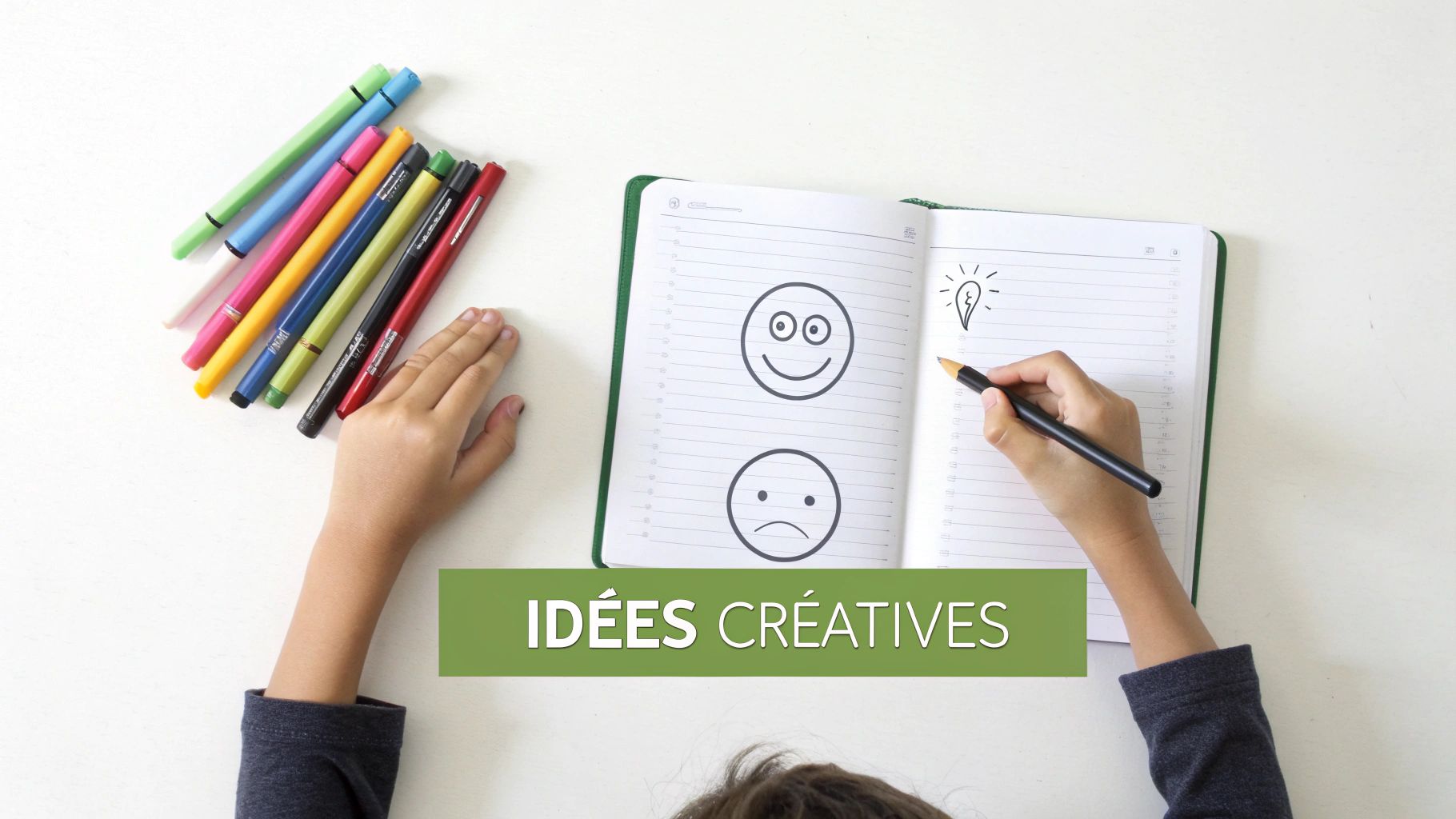 Un enfant dessinant joyeusement dans un carnet avec des feutres colorés.