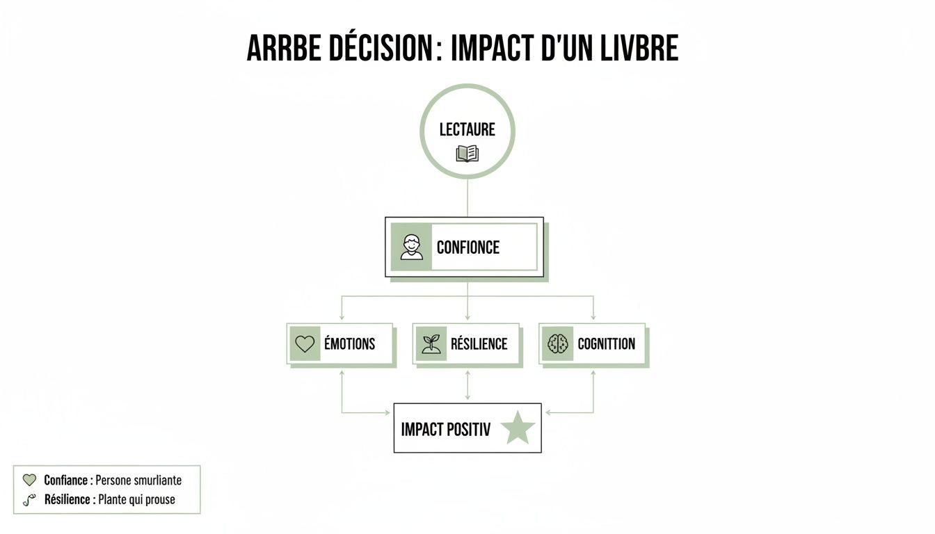 Diagramme d'arbre de décision illustrant l'impact positif de la lecture sur la confiance, les émotions, la résilience et la cognition.