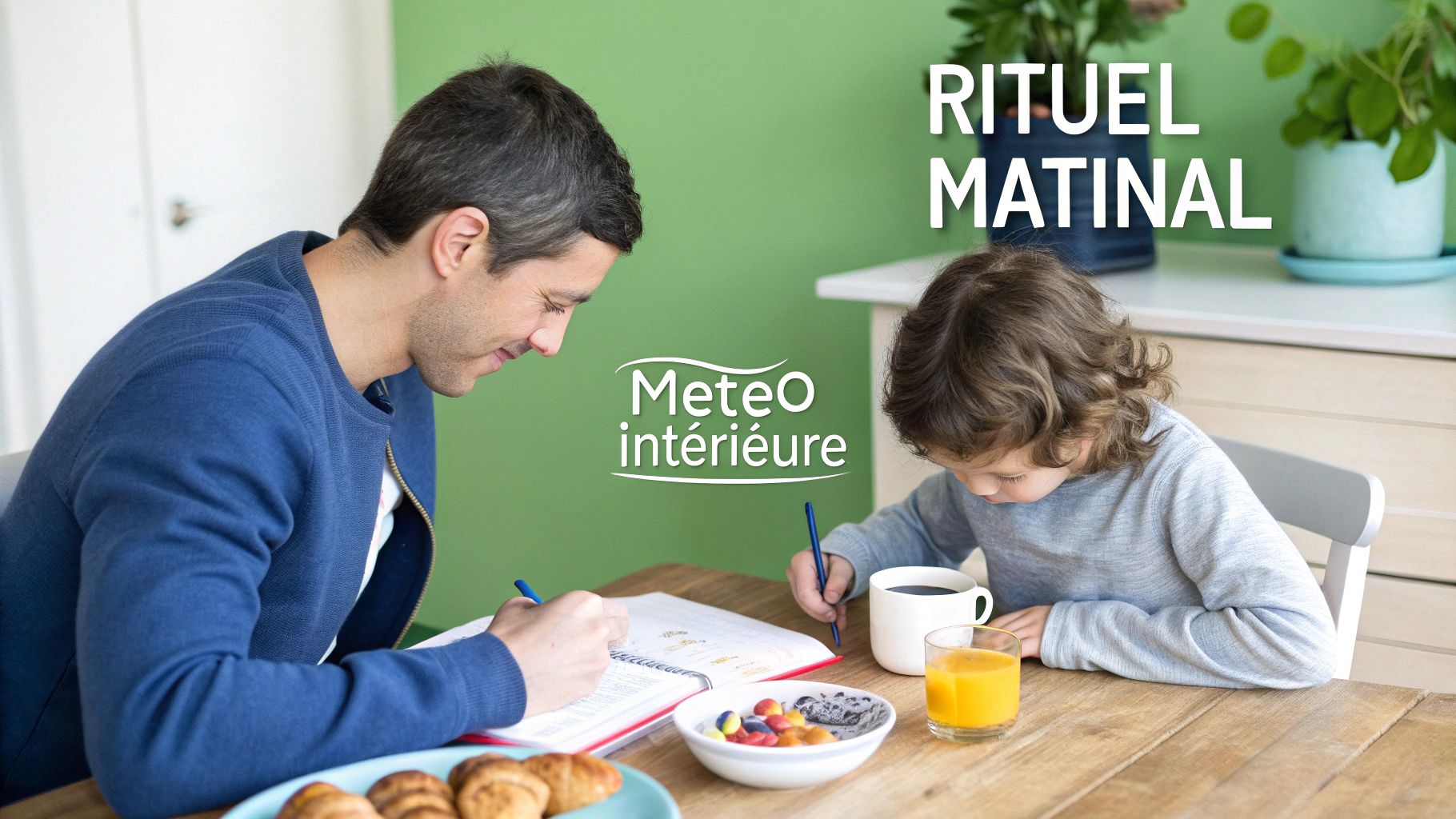Un enfant et son parent partagent un moment complice en dessinant ensemble au petit-déjeuner.